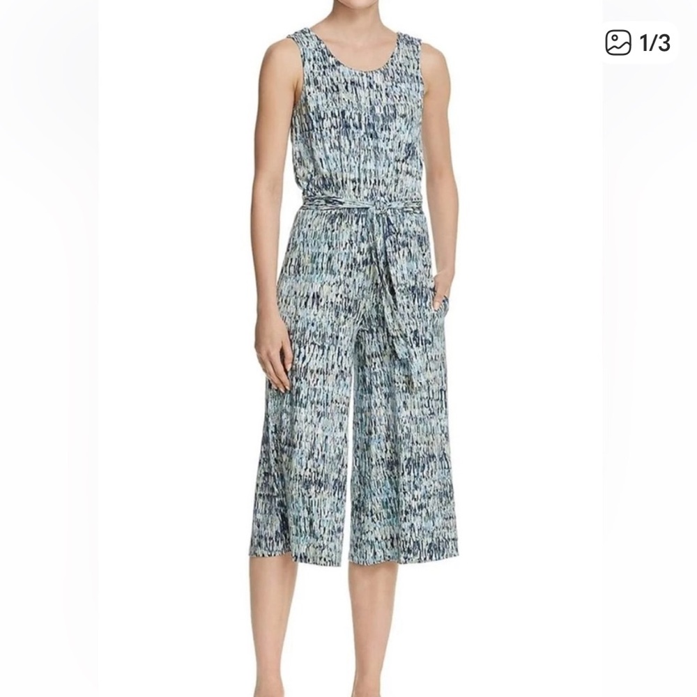 Nic+Zoe Field Impression Crop Jumpsuit Blue Green Abstract Print Coastal Sz MP